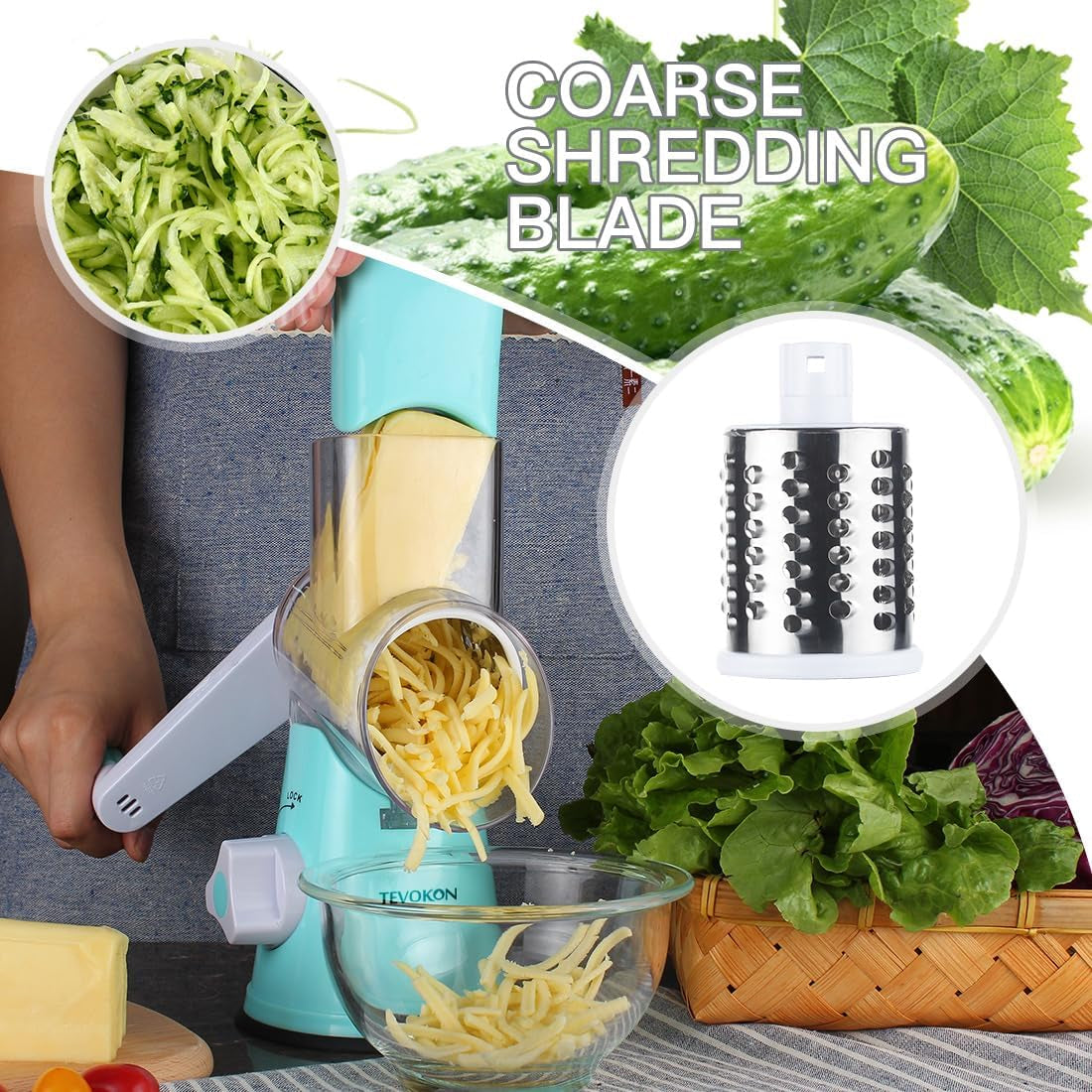 Rotary Cheese Grater 3 Drum Blades Manual Vegetable Slicer Walnuts Grinder Cheese Shredder round Mandoline with Peeler Blue