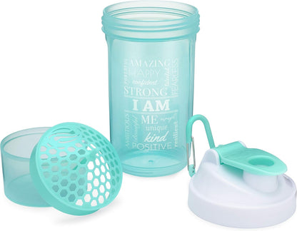 Shaker Bottle with Motivational Quotes | 27 Ounce Protein Shaker Cup | Attachable Container Storage for Protein or Supplements | Perfect Fitness Gift | Two Pack - Rise + I Am