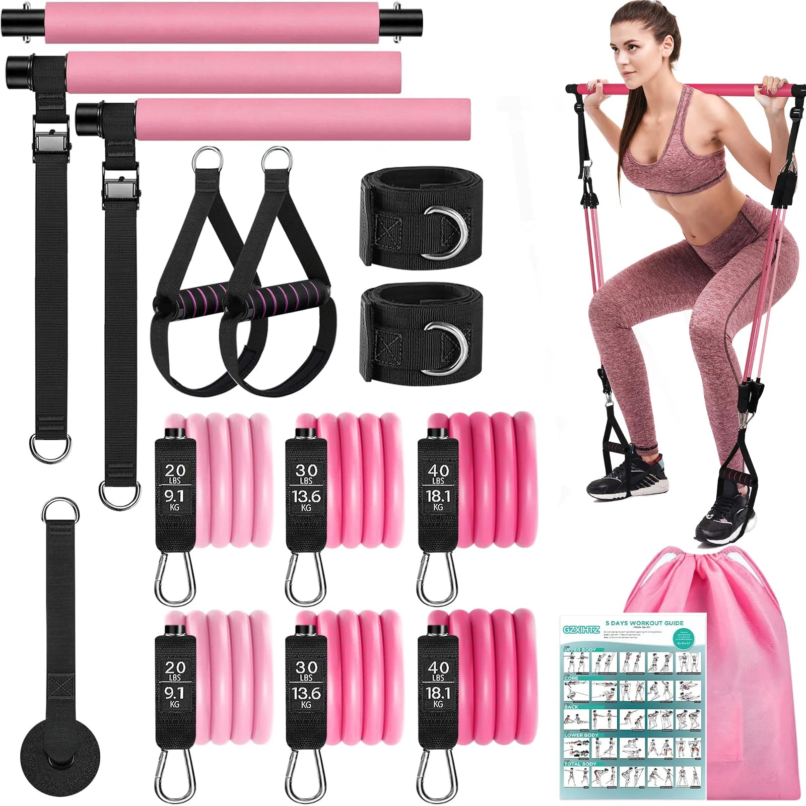 Pilates Bar Kit with Resistance Bands,Pilates Bar with Stackable Bands Workout Equipment for Legs,Hip,Waist and Arm,Exercise Fitness Equipment for Women & Men Home Gym Yoga Pilates