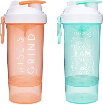 Shaker Bottle with Motivational Quotes | 27 Ounce Protein Shaker Cup | Attachable Container Storage for Protein or Supplements | Perfect Fitness Gift | Two Pack - Rise + I Am