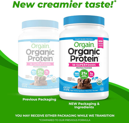Organic Vegan Protein Powder + 50 Superfoods, Creamy Chocolate Fudge - 21G Plant Based Protein, Gluten Free, Dairy Free, Lactose Free, Soy Free, No Sugar Added, Kosher, B Vitamins - 2.02Lb