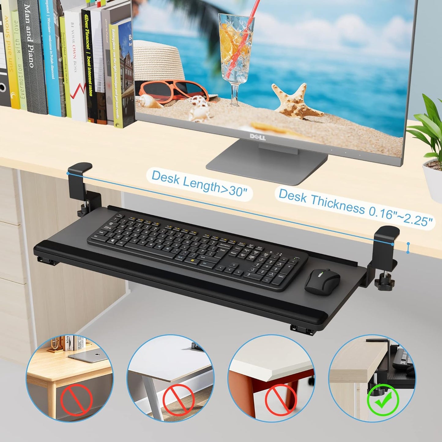 Under-Desk Keyboard Tray with Slide-Out Functionality, Clamp-On Design, and Wrist Rest - 26" (30" Including Clamps) x 10" - Dark Gray for Home Office and School Use