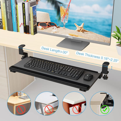 Under-Desk Keyboard Tray with Slide-Out Functionality, Clamp-On Design, and Wrist Rest - 26" (30" Including Clamps) x 10" - Dark Gray for Home Office and School Use