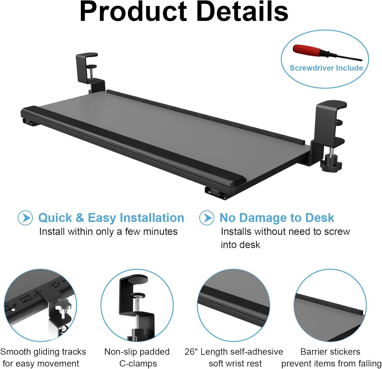 Under-Desk Keyboard Tray with Slide-Out Functionality, Clamp-On Design, and Wrist Rest - 26" (30" Including Clamps) x 10" - Dark Gray for Home Office and School Use