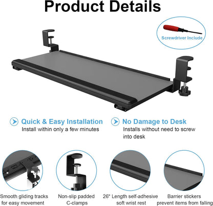Under-Desk Keyboard Tray with Slide-Out Functionality, Clamp-On Design, and Wrist Rest - 26" (30" Including Clamps) x 10" - Dark Gray for Home Office and School Use
