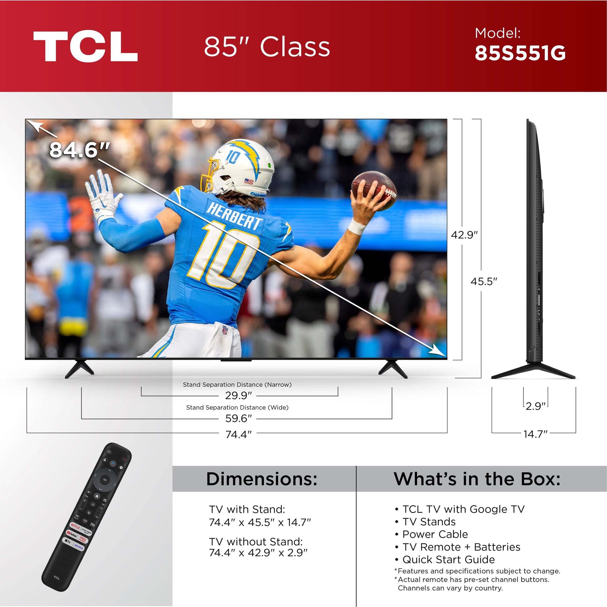 85-Inch Class S5 (85S551G) 4K UHD HDR LED Smart TV with Google TV - New Model 2024