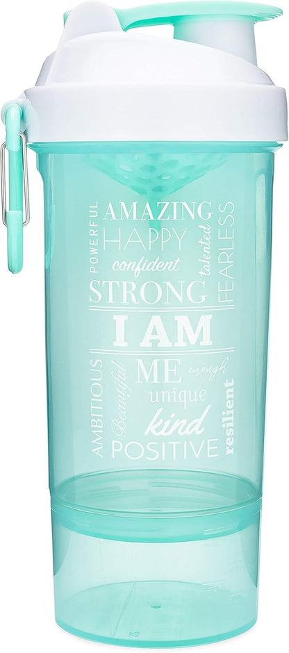 Shaker Bottle with Motivational Quotes | 27 Ounce Protein Shaker Cup | Attachable Container Storage for Protein or Supplements | Perfect Fitness Gift | Two Pack - Rise + I Am