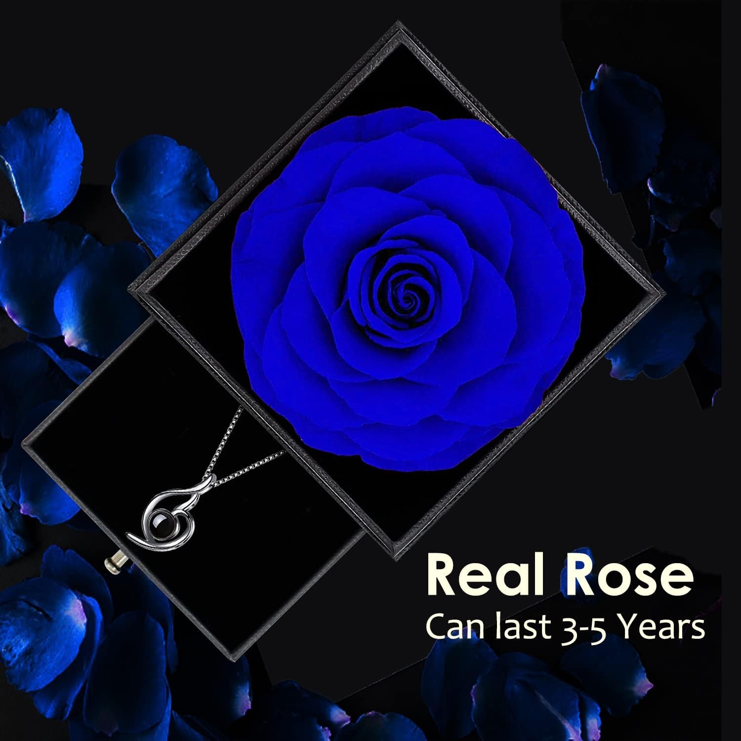 Blue Rose Gift Box Featuring 925 Sterling Silver Women's Necklace, Forever Preserved Rose Jewelry Box with "I Love You" Necklace in 100 Languages, Ideal Mother's Day Gift, Enchanted Rose for Her.