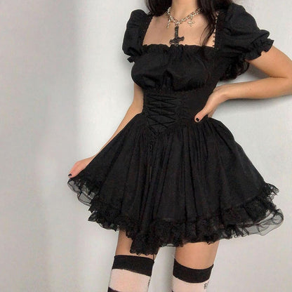 Women's Vintage Gothic Lolita Mini Dress with Puff Sleeves - A-Line Swing Short Punk Style