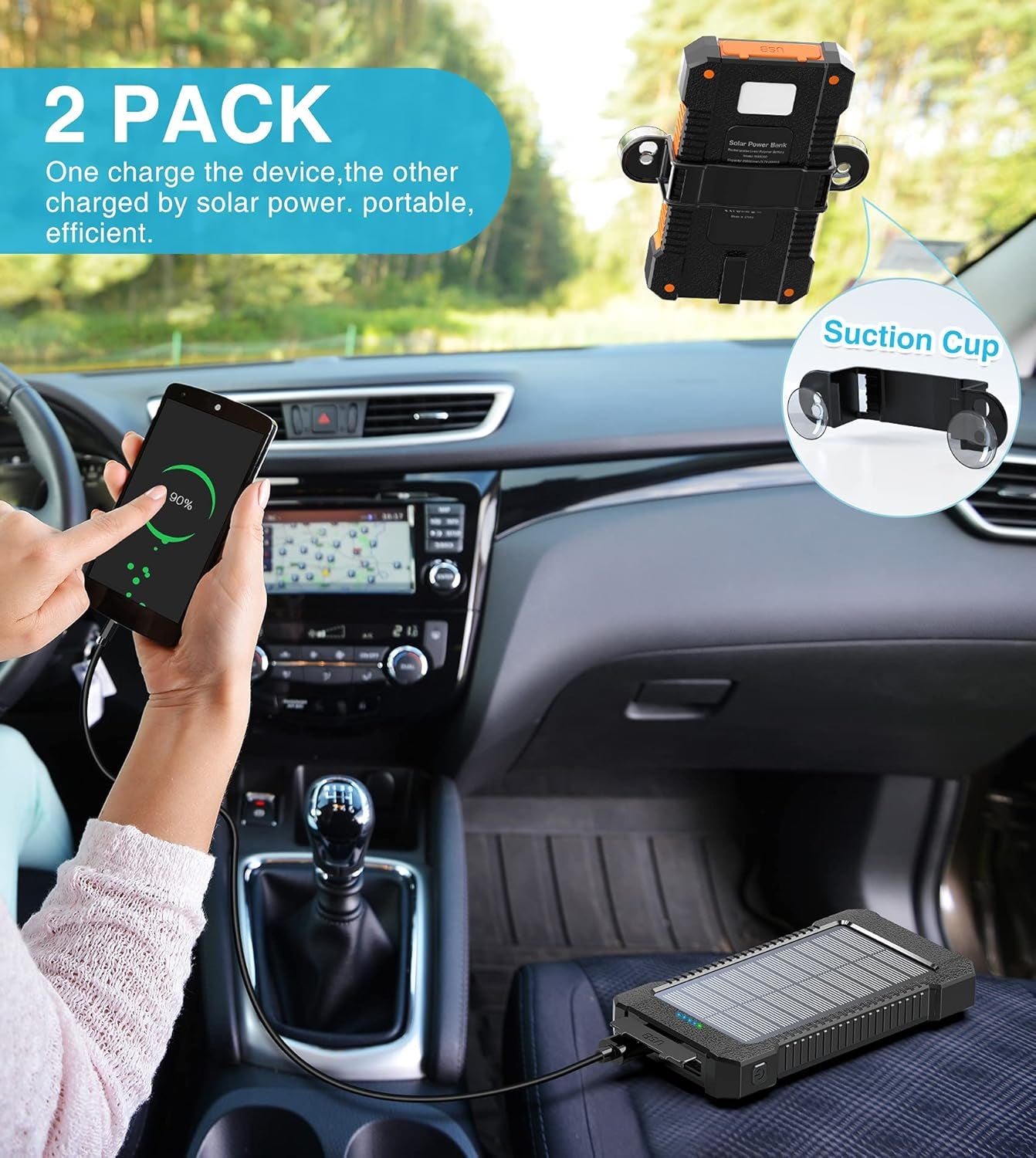 2-Pack 26800mAh Solar Power Bank with Dual USB Fast Charging and LED Flashlights - Portable External Battery Pack for Outdoor Camping