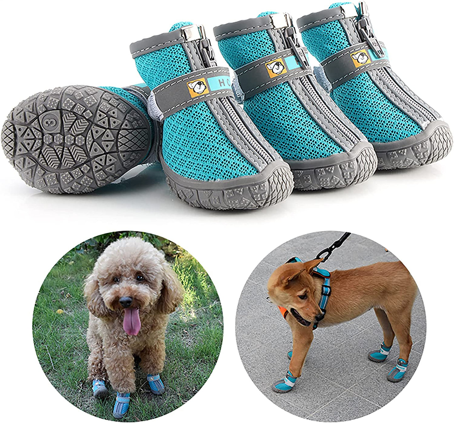 Dog Hiking Booties - Breathable Paw Protectors with Anti-Slip Rugged Sole for Small to Medium Dogs, Blue, Size 4 (Pack of 4)