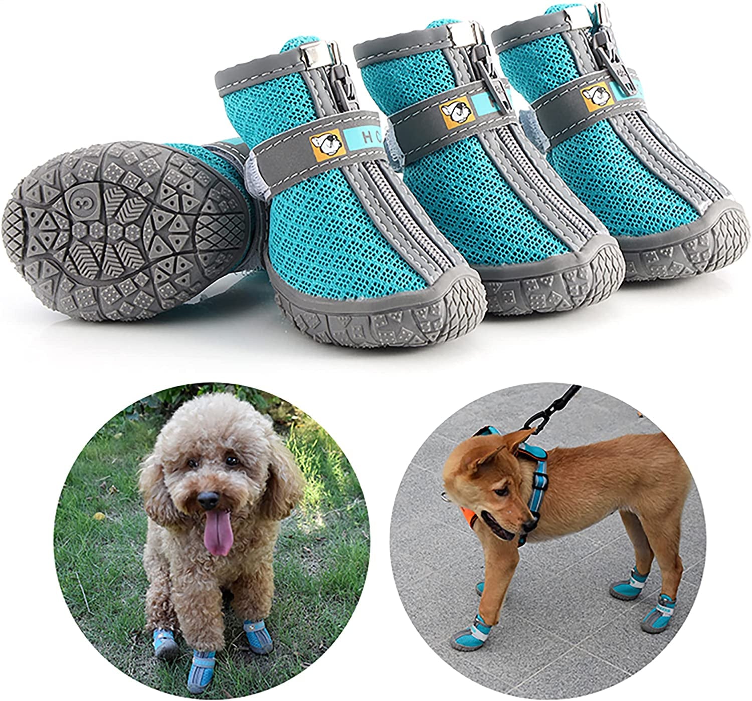Dog Hiking Booties - Breathable Paw Protectors with Anti-Slip Rugged Sole for Small to Medium Dogs, Blue, Size 4 (Pack of 4)