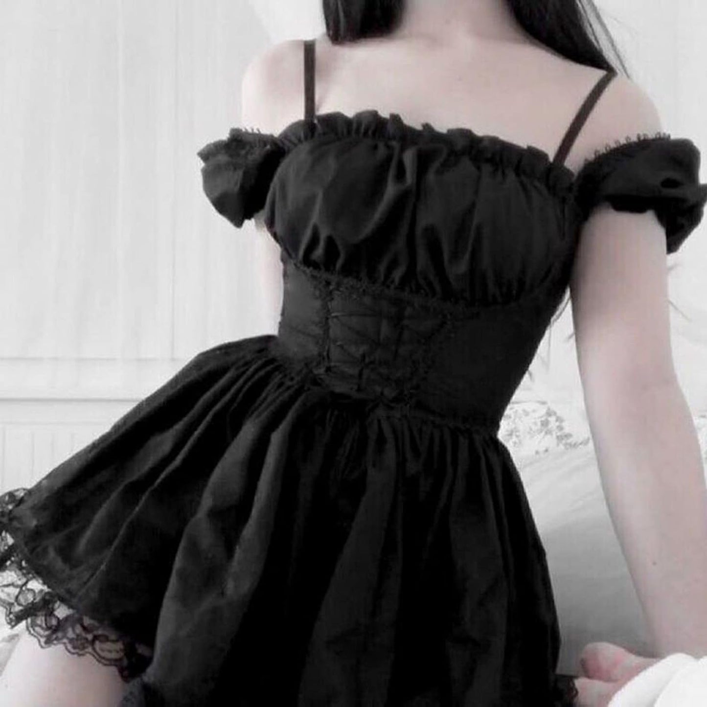 Women's Vintage Gothic Lolita Mini Dress with Puff Sleeves - A-Line Swing Short Punk Style