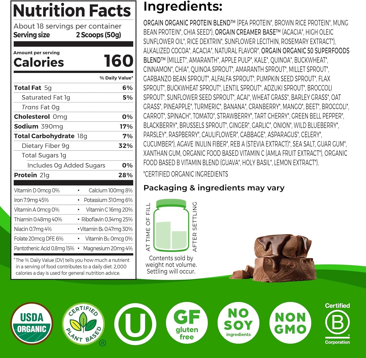 Organic Vegan Protein Powder + 50 Superfoods, Creamy Chocolate Fudge - 21G Plant Based Protein, Gluten Free, Dairy Free, Lactose Free, Soy Free, No Sugar Added, Kosher, B Vitamins - 2.02Lb