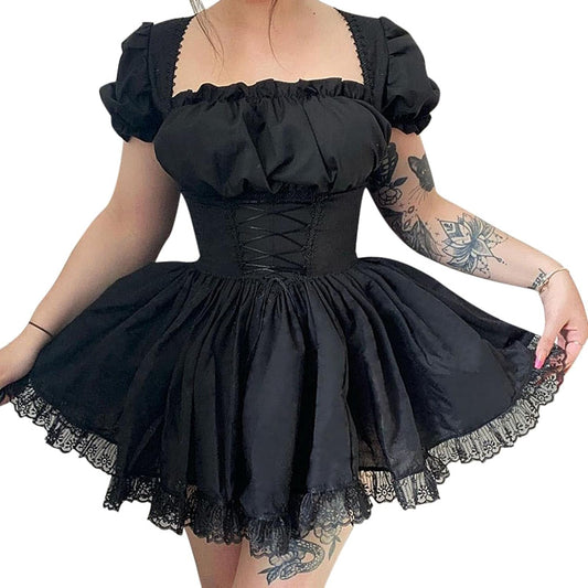 Women's Vintage Gothic Lolita Mini Dress with Puff Sleeves - A-Line Swing Short Punk Style