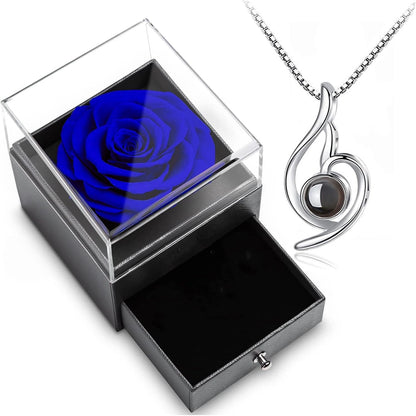 Blue Rose Gift Box Featuring 925 Sterling Silver Women's Necklace, Forever Preserved Rose Jewelry Box with "I Love You" Necklace in 100 Languages, Ideal Mother's Day Gift, Enchanted Rose for Her.