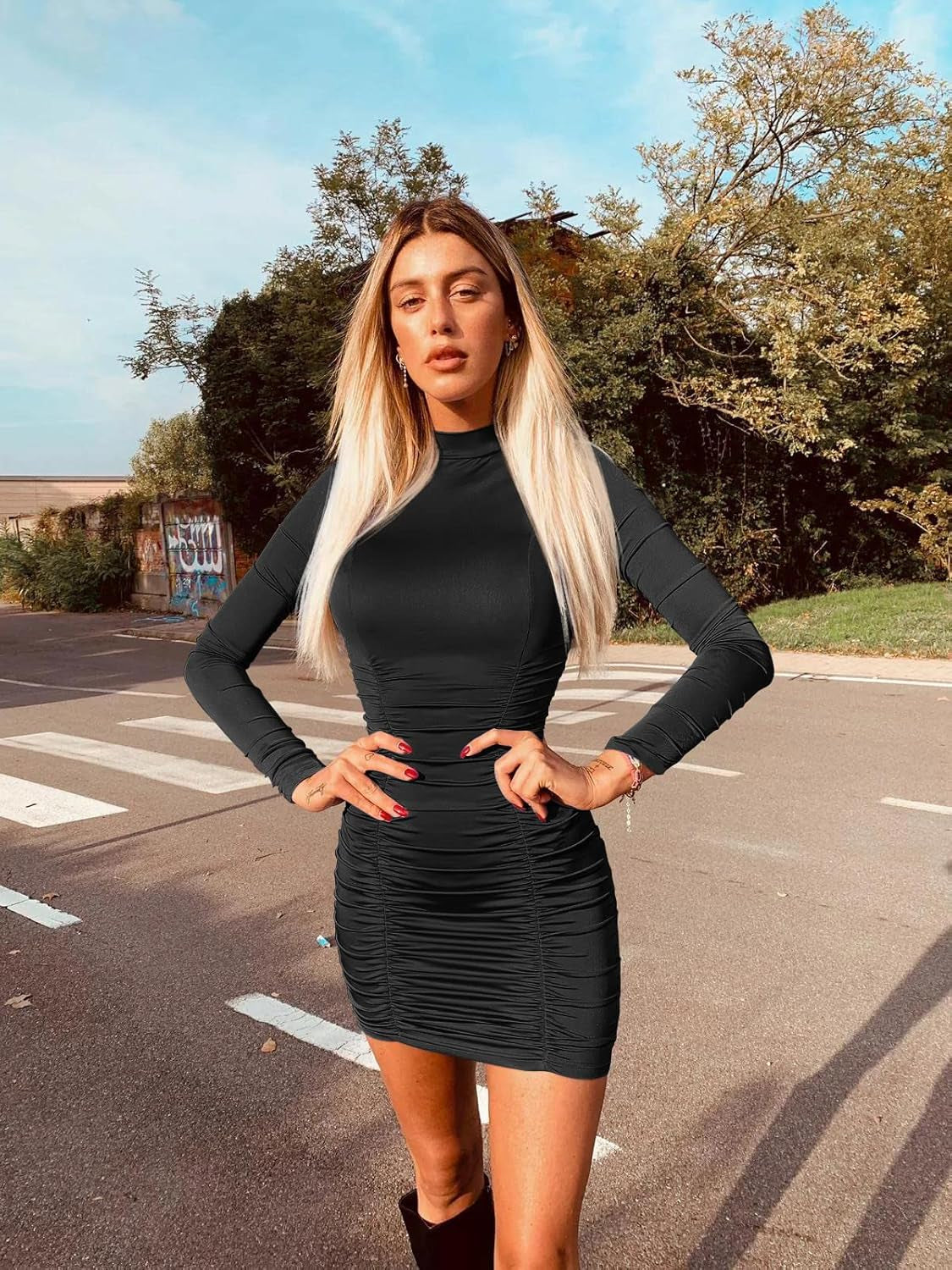 Women's Elegant Stand Neck Long Sleeve Ruched Bodycon Mini Dress for Evening Events