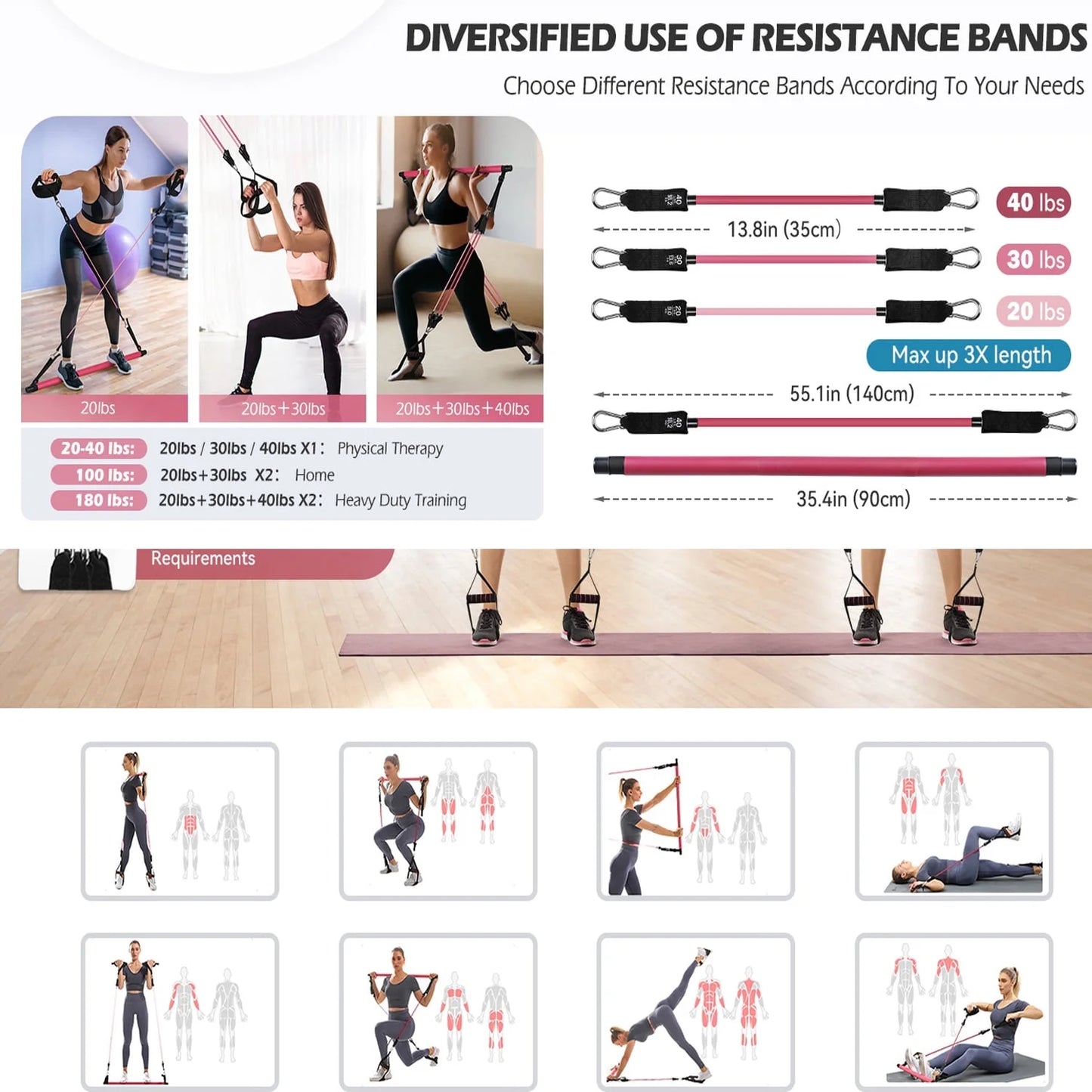 Pilates Bar Kit with Resistance Bands,Pilates Bar with Stackable Bands Workout Equipment for Legs,Hip,Waist and Arm,Exercise Fitness Equipment for Women & Men Home Gym Yoga Pilates