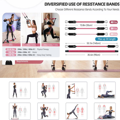 Pilates Bar Kit with Resistance Bands,Pilates Bar with Stackable Bands Workout Equipment for Legs,Hip,Waist and Arm,Exercise Fitness Equipment for Women & Men Home Gym Yoga Pilates