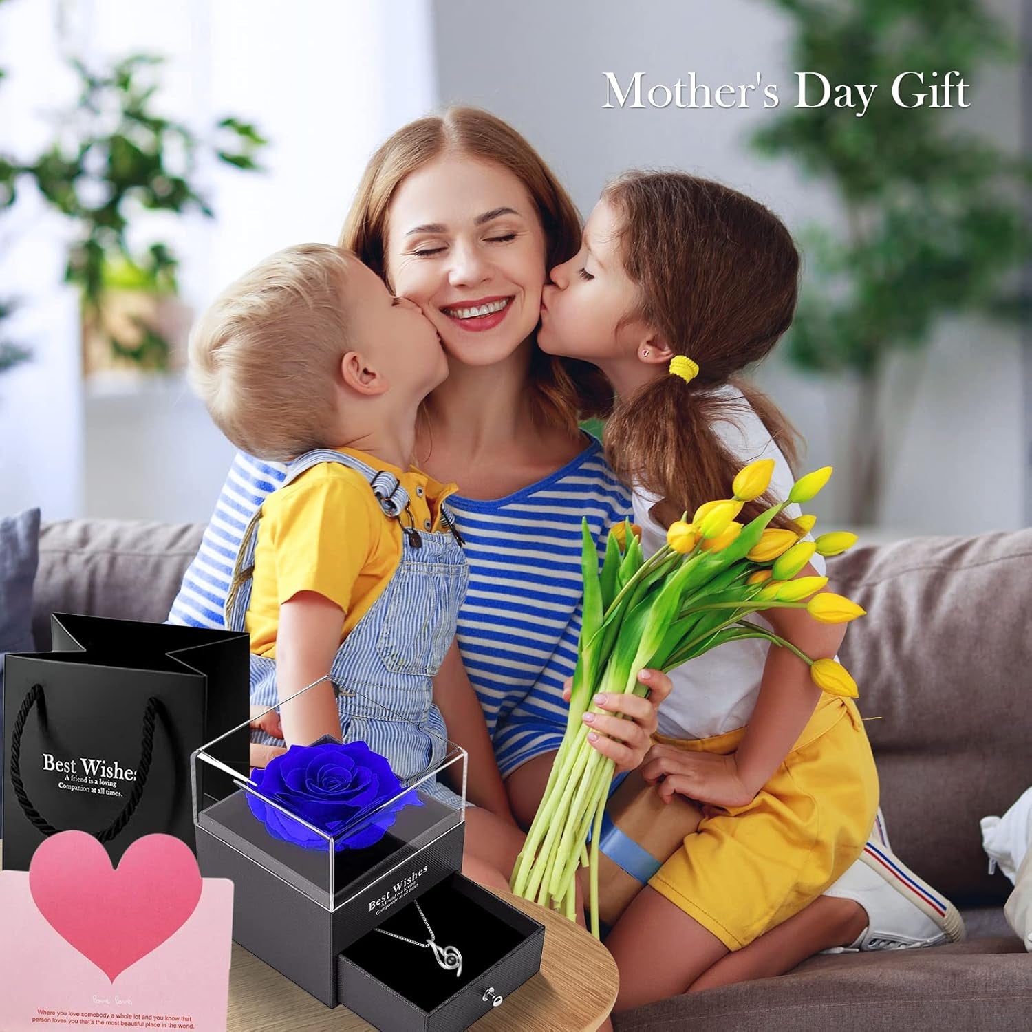 Blue Rose Gift Box Featuring 925 Sterling Silver Women's Necklace, Forever Preserved Rose Jewelry Box with "I Love You" Necklace in 100 Languages, Ideal Mother's Day Gift, Enchanted Rose for Her.