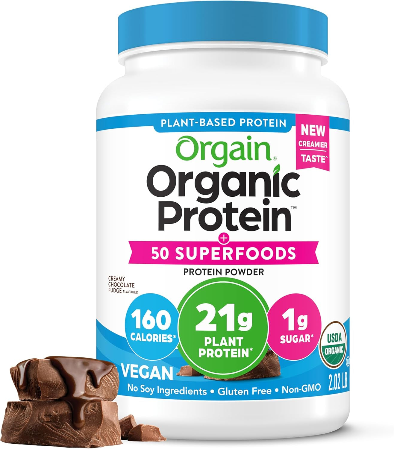 Organic Vegan Protein Powder + 50 Superfoods, Creamy Chocolate Fudge - 21G Plant Based Protein, Gluten Free, Dairy Free, Lactose Free, Soy Free, No Sugar Added, Kosher, B Vitamins - 2.02Lb